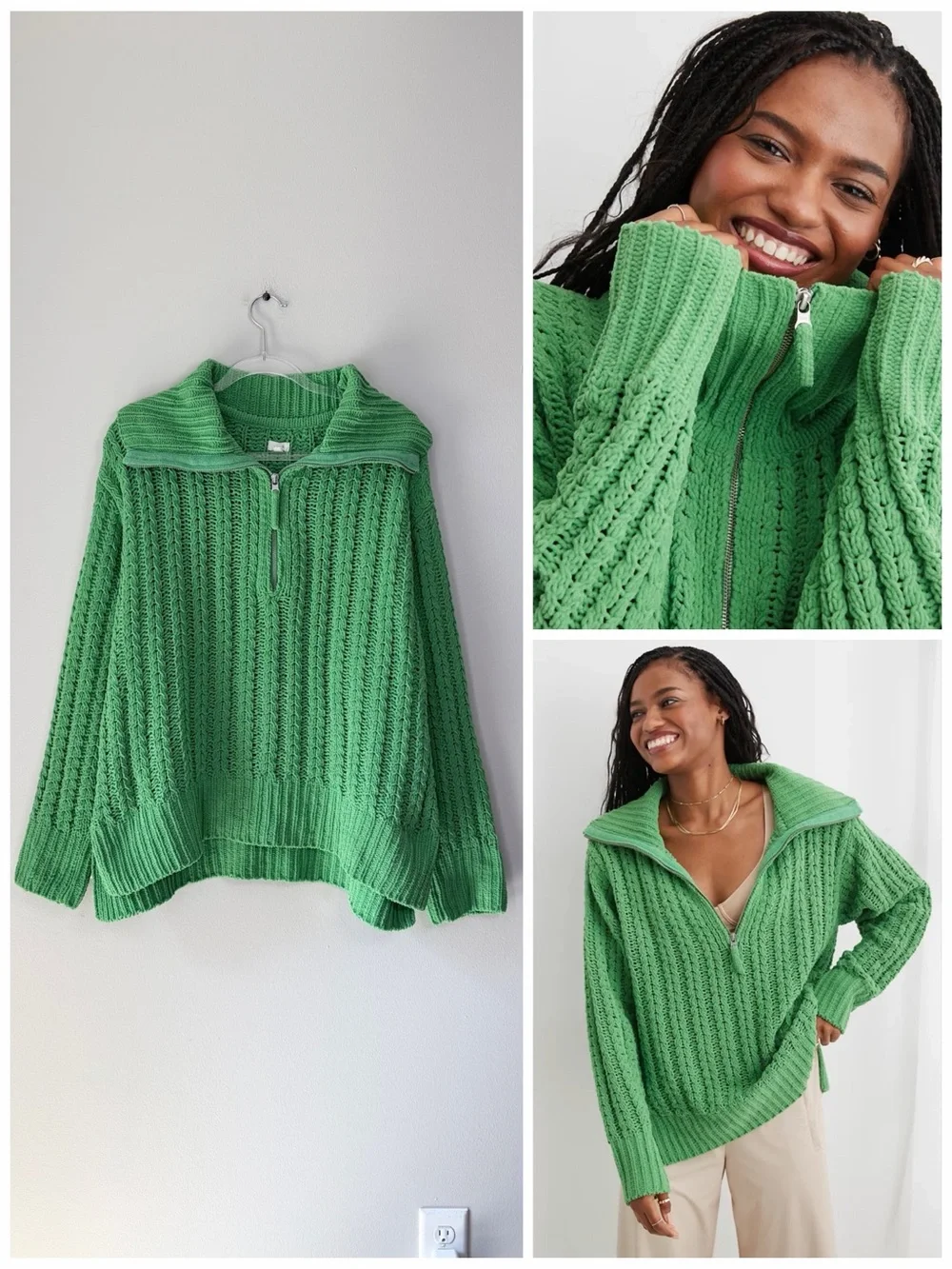 Aerie Green Cable Car Quarter Zip Sweater - Picture 1 of 9